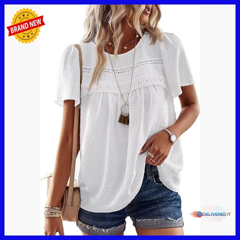 Loose Fit Crewneck Blouse With Crochet Lace Hem, Short Sleeve Tunic Top